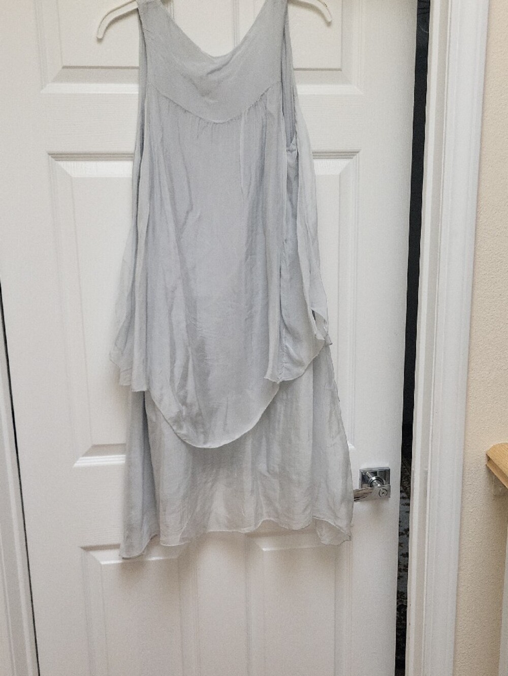 Sleeveless Silky & Flowy Asymmetrical Layered Dress in Light Gray.made In Italy - Picture 7 of 9